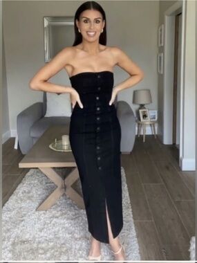 Zara Black Strapless Denim Button-Front Midi Dress
